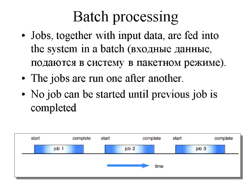 Batch processing Jobs, together with input data, are fed into the system in a